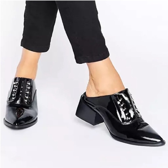 Sol Sana Claire Bar Black Patent Leather Block Heel Pointy Mule Shoe Sz 38 - Picture 1 of 16